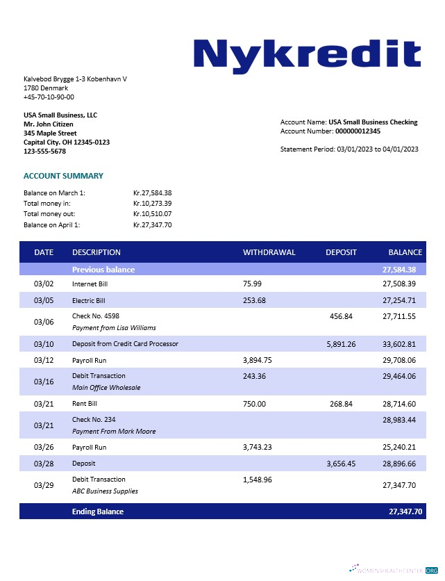 Download Nykredit Bank organization statement Word and PDF template Photoshop template